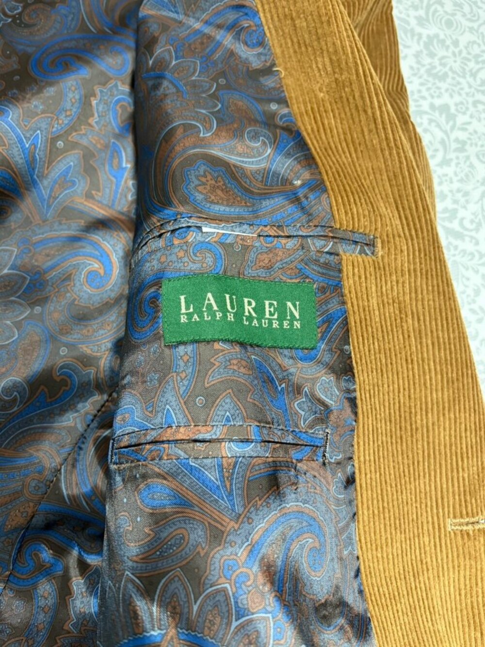 RALPH LAUREN Men’s 2 Button 40R CORDUROY Blazer Leather Buttons Tan Paisley - Picture 7 of 9
